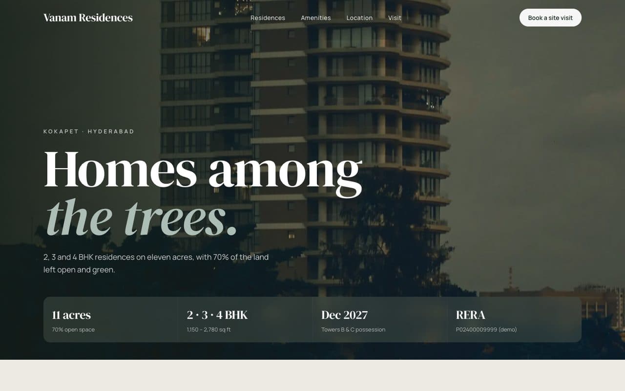 Real Estate & Builder Website demo: the Vanam Residences homepage