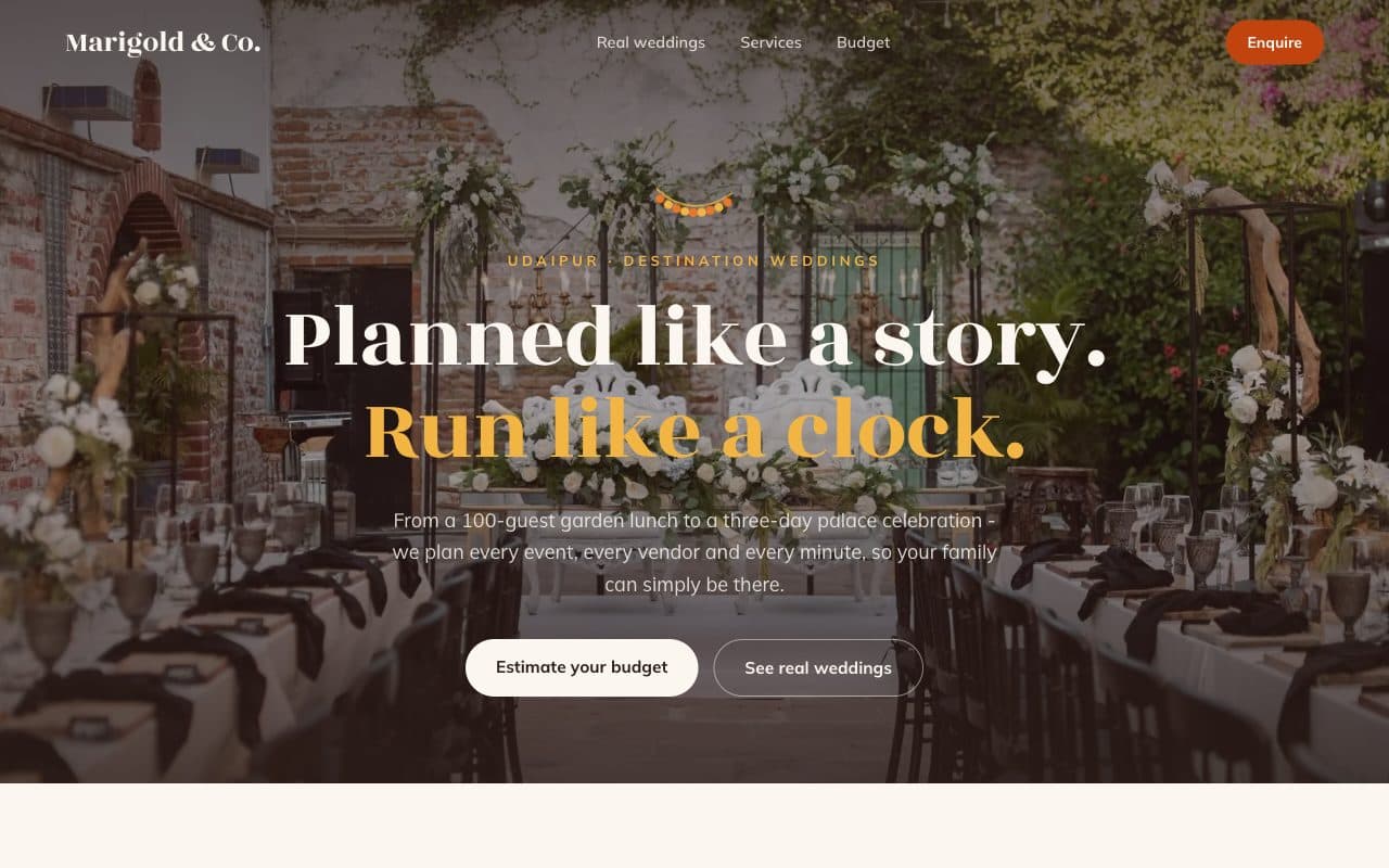 Wedding Planner Website demo: the Marigold & Co. homepage